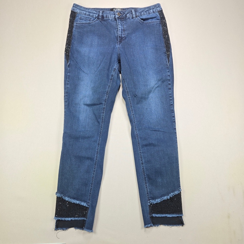 Joseph Ribkoff Jeans Rhinestone Side Stripe Raw Hem Blue Denim Womens Size 14